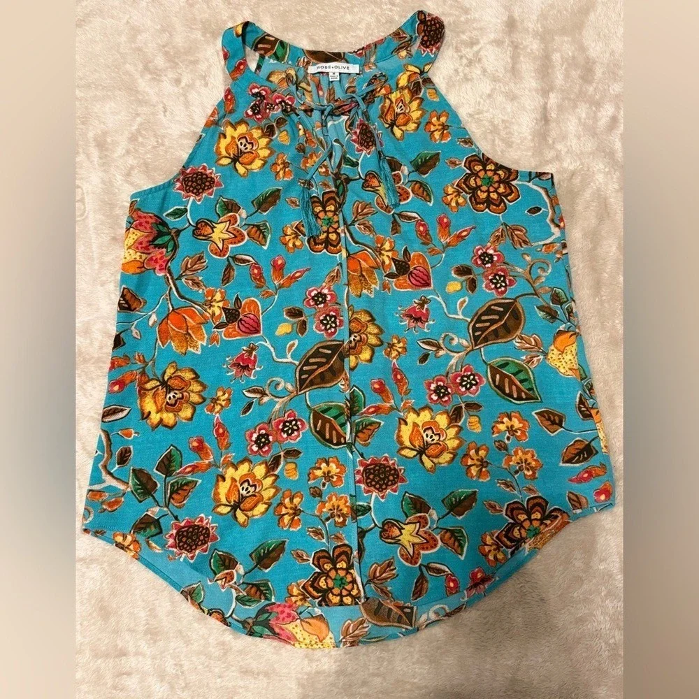 Rose &‎ Olive Teal Floral Blouse size Medium Sleeveless - Picture 6 of 10